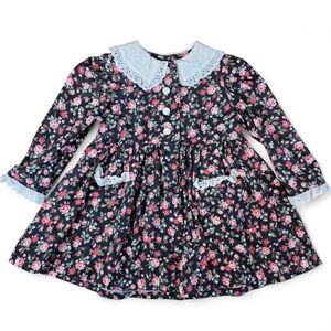 Black Rose Floral Cottagecore Handmade Dress Lace Collar Long Sleeve 2T
